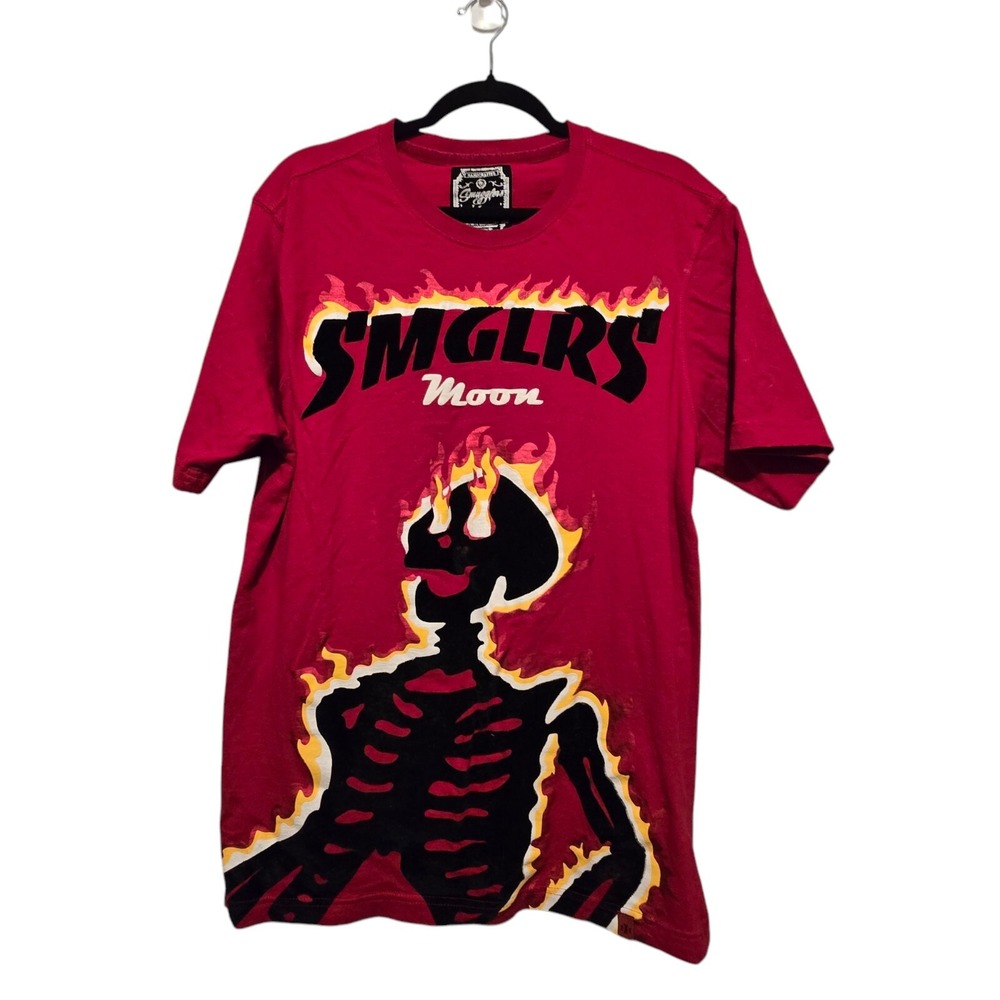 Smugglers Moon Skeleton On Fire T-shirt XXL Red Black Flocked EUC Grunge Goth